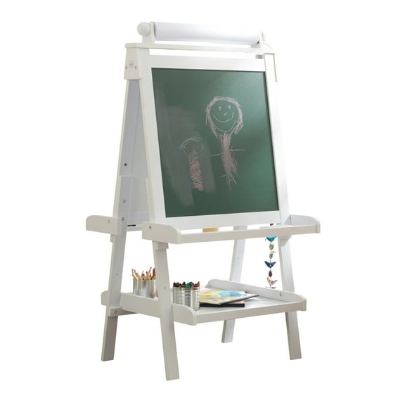 KidKraft Deluxe Wooden Easel with Chalkboard and Dry Erase Surfaces, Paper Roll and Paint Cups - White