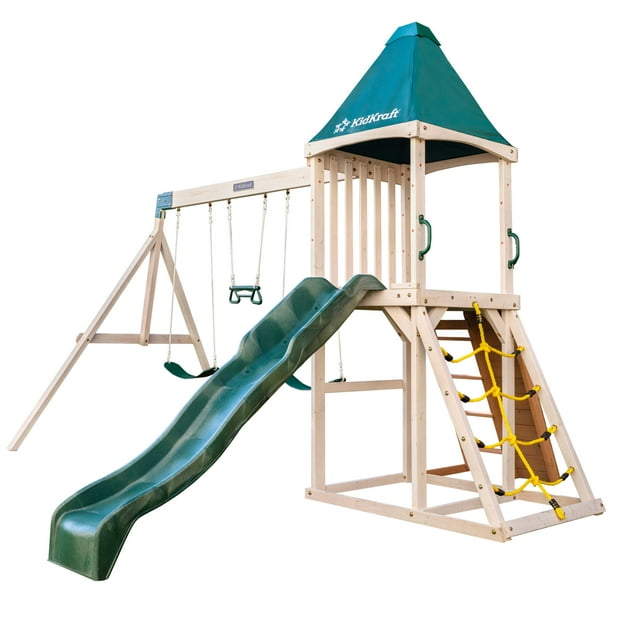 KidKraft Emerald Challenge Wooden Swing Set / Playset with Slide, Rope
