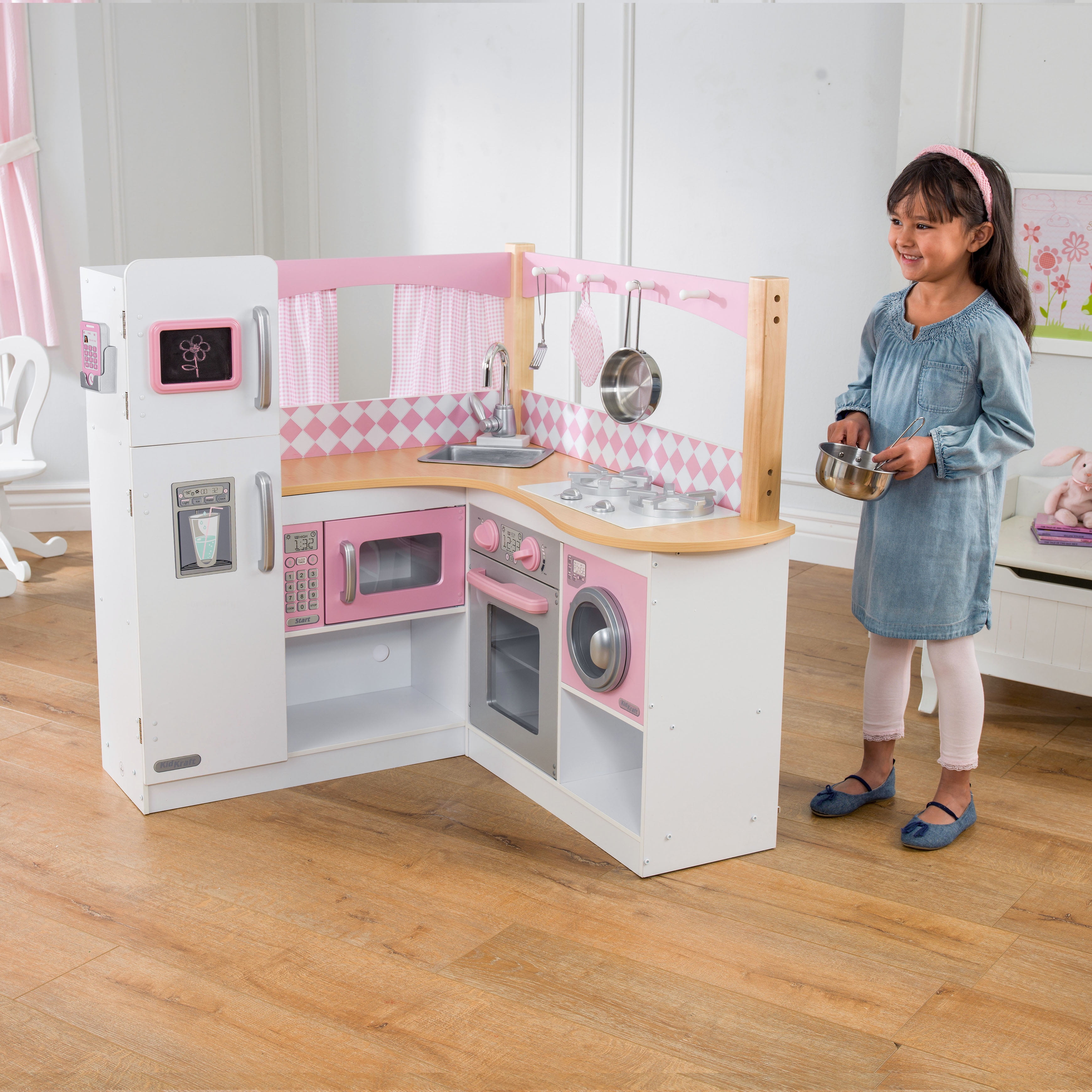 Pink and White Wooden Corner Play Kitchen Set with Accessories