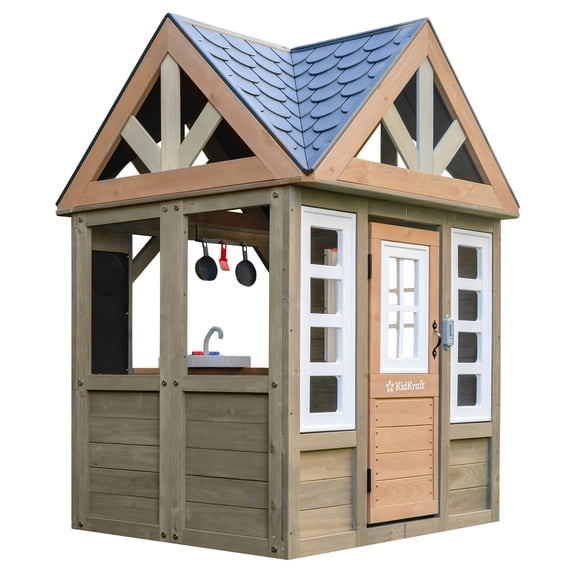 KidKraft Greystone Wooden Outdoor Playhouse with Kitchen and Working Doorbell