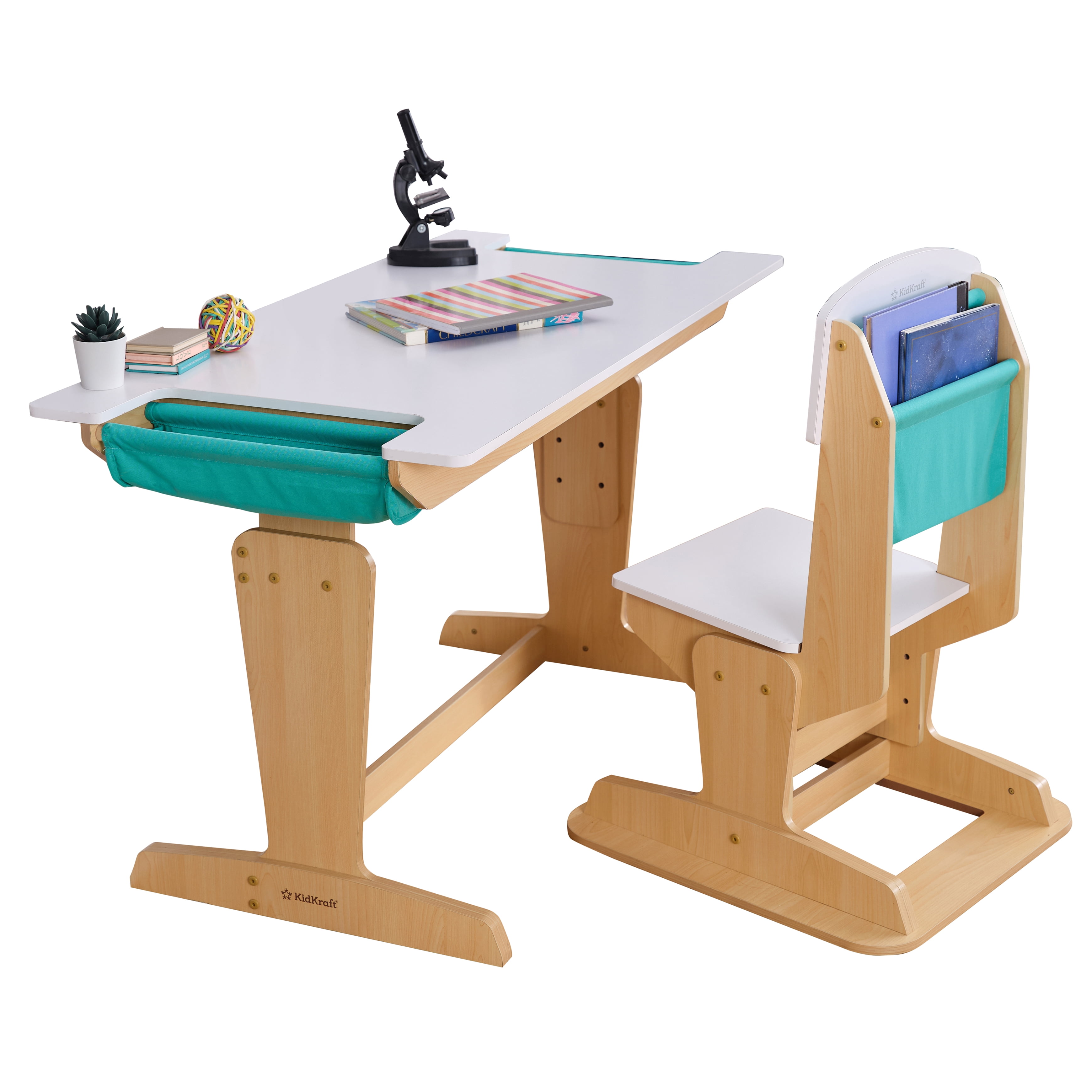 Adjustable White and Tan Wooden Desk and Chair Set
