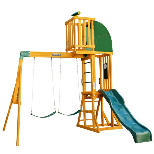 KidKraft Hawk Tower Wooden Swing Set with Slide and 2 Belt Swings, 9.9