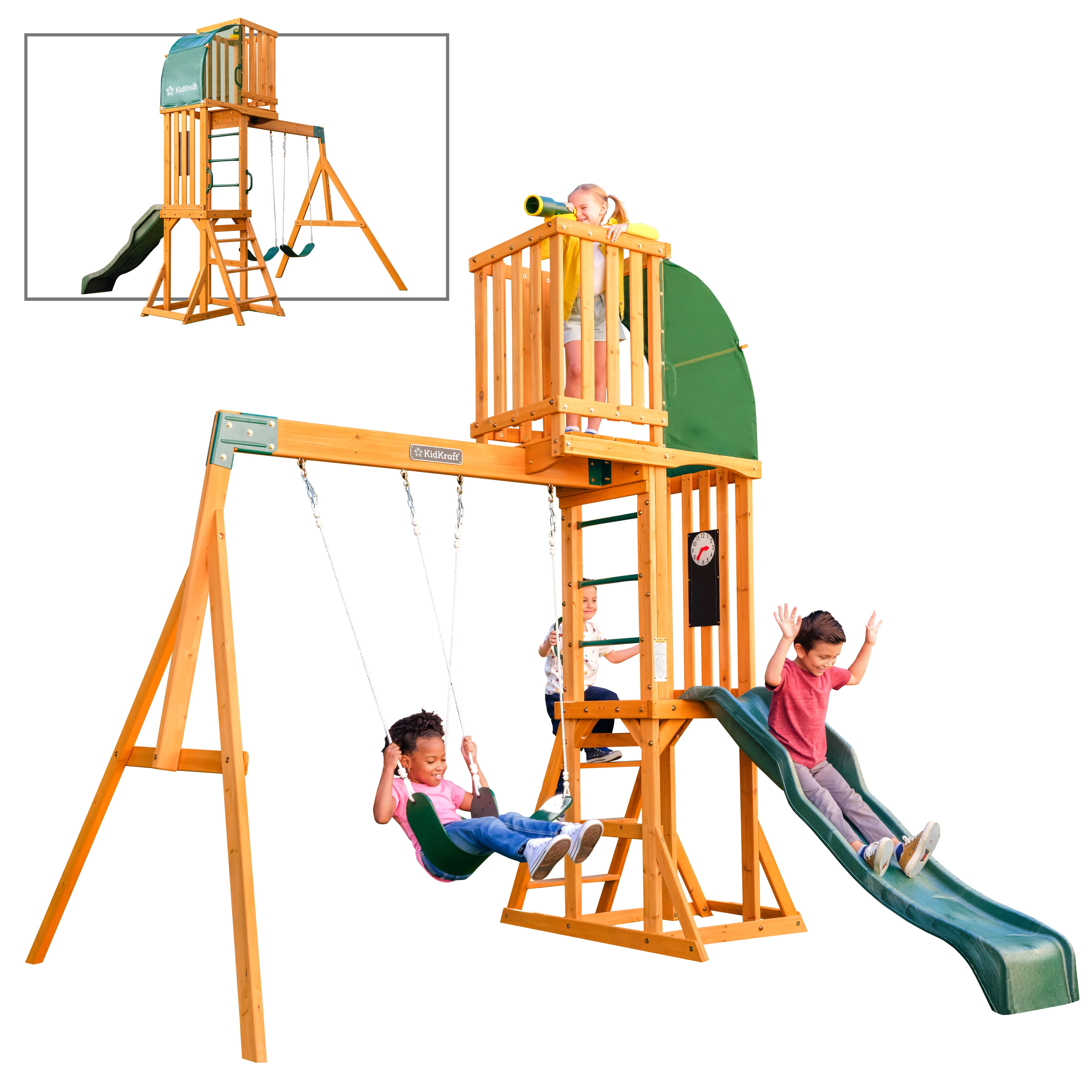 KidKraft Hawk Tower Wooden Swing Set with Slide and 2 Belt Swings, 9.9 feet  Tall