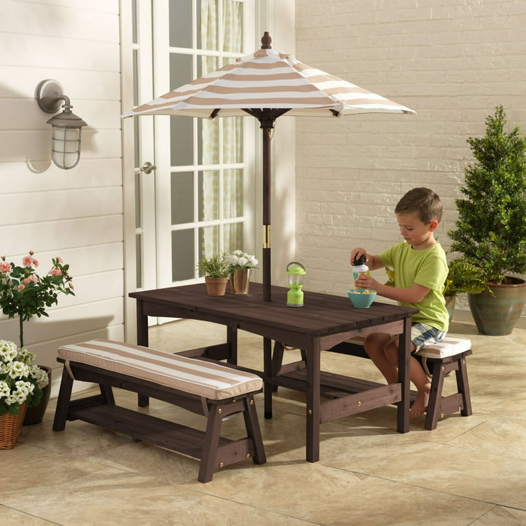KidKraft KidKraft Outdoor Wooden Table Bench with Cushions and Umbrella Espresso