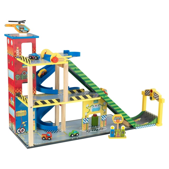 KidKraft Mega Ramp Wooden Racing Play Set with 5 Vehicles. Lights and Moving Elevator