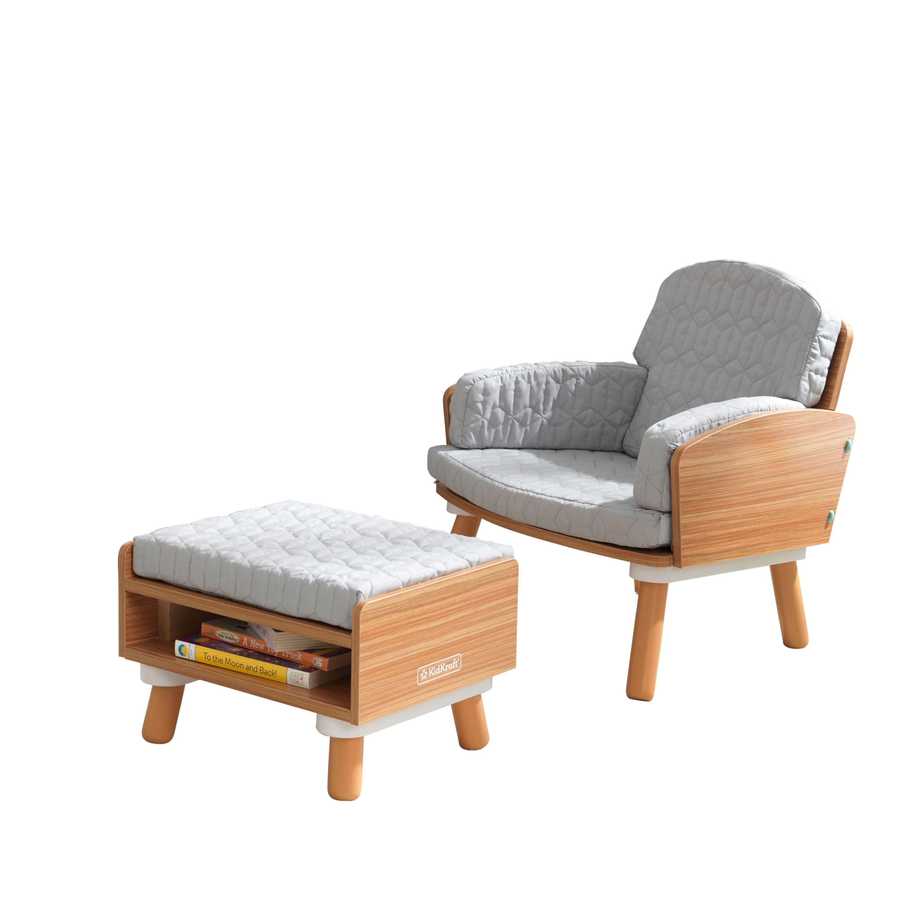 KidKraft Mid-Century kid™ Wooden Reading Chair & Ottoman with Cushions, Gray, Ages 3+