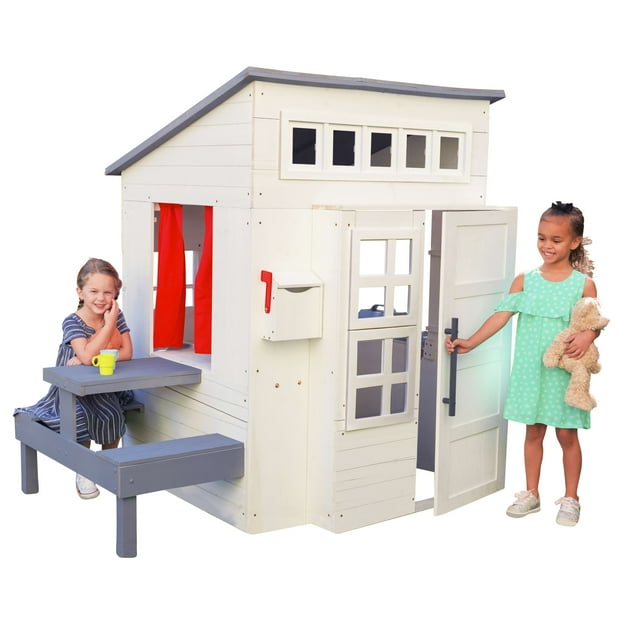 KidKraft Modern Outdoor Wooden Playhouse with Picnic Table, Mailbox