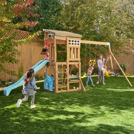 KidKraft Modern Outdoor Wooden Swing Set / Playset with Fireman's Pole, Reversible Bench