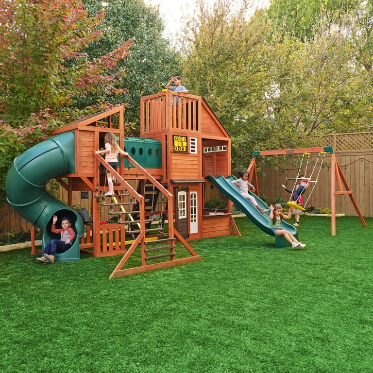Kidkraft Outdoor Odyssey Wooden Swing Set Playset with 3 Slides Surf Swing and Ninja Stairs Brown