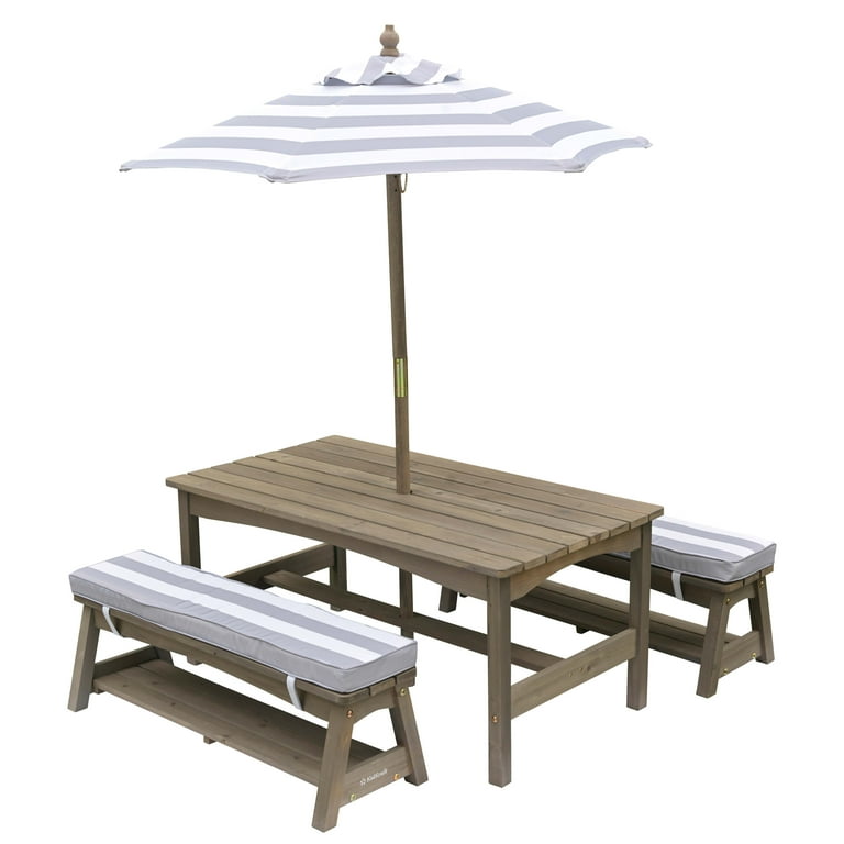 KidKraft Outdoor Table Bench Set with Cushions and Umbrella Gray and White Stripes For Ages 3