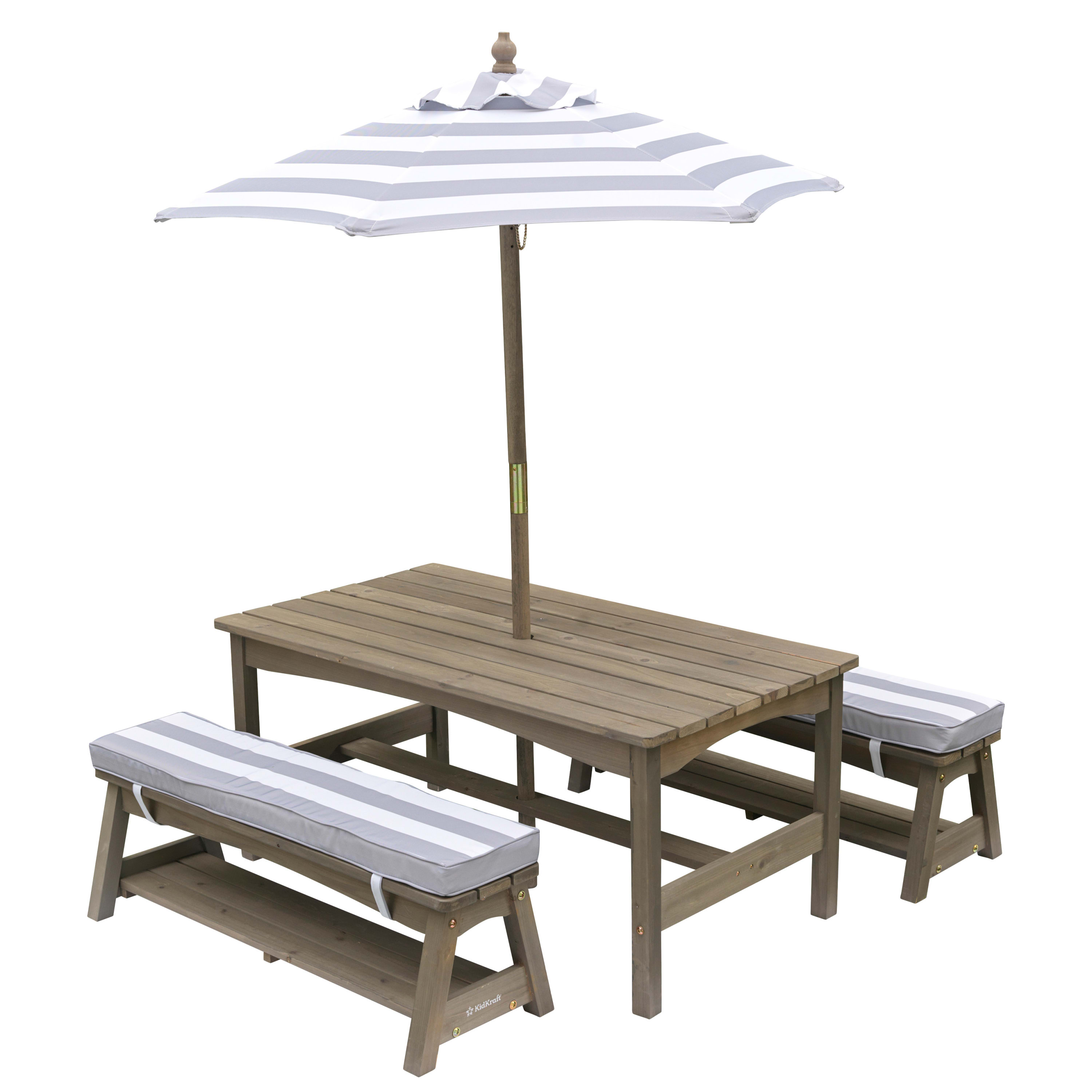 KidKraft Outdoor Table & Bench Set with Cushions and Umbrella, Gray and White Stripes, For Ages 3+ - image 1 of 9