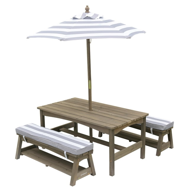 KidKraft Outdoor Table & Bench Set with Cushions and Umbrella, Gray and White Stripes, For Ages 3+