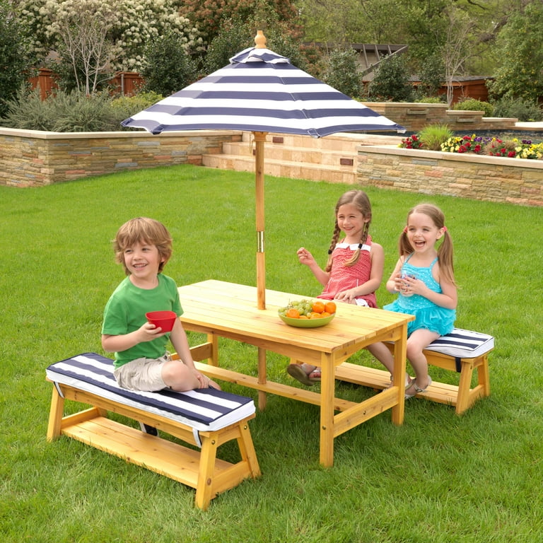 KidKraft Outdoor Wooden Table Benches with Cushions Umbrella