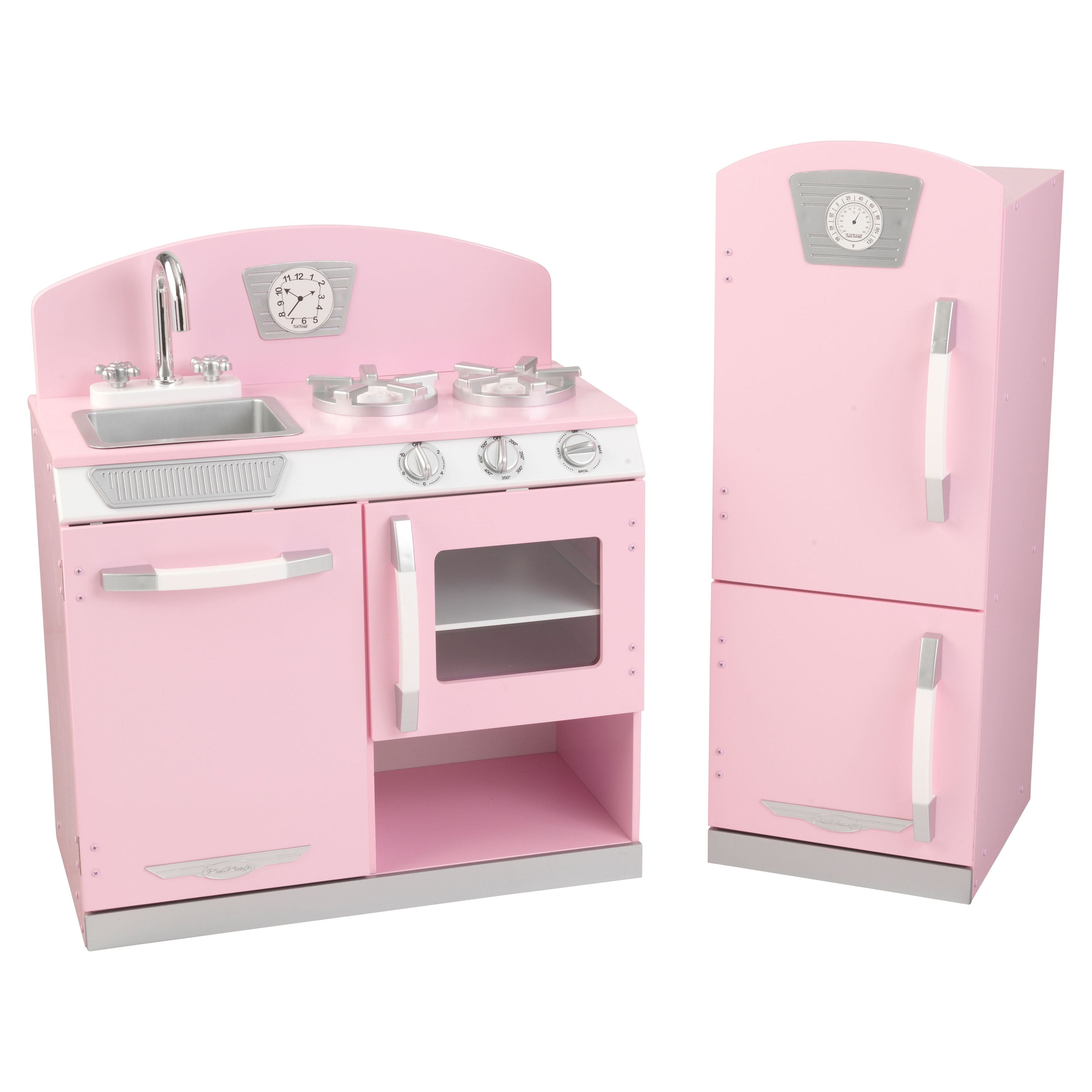 Vintage Wooden Play Kitchen with Pretend Ice Maker and Play Phone, Pink