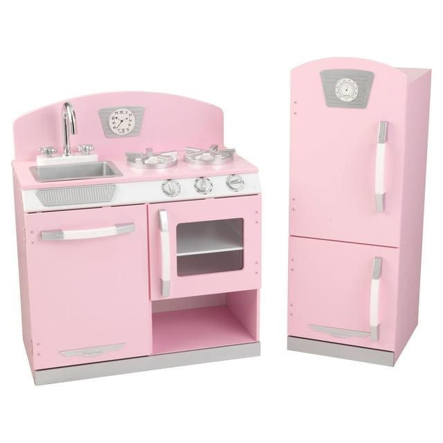 KidKraft Pink Retro Wooden Play Kitchen and Refrigerator 2-Piece Set