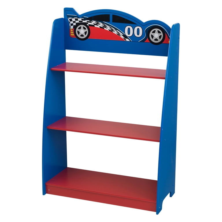 KidKraft Racecar Wooden 3-Shelf Bookshelf, Blue & Red