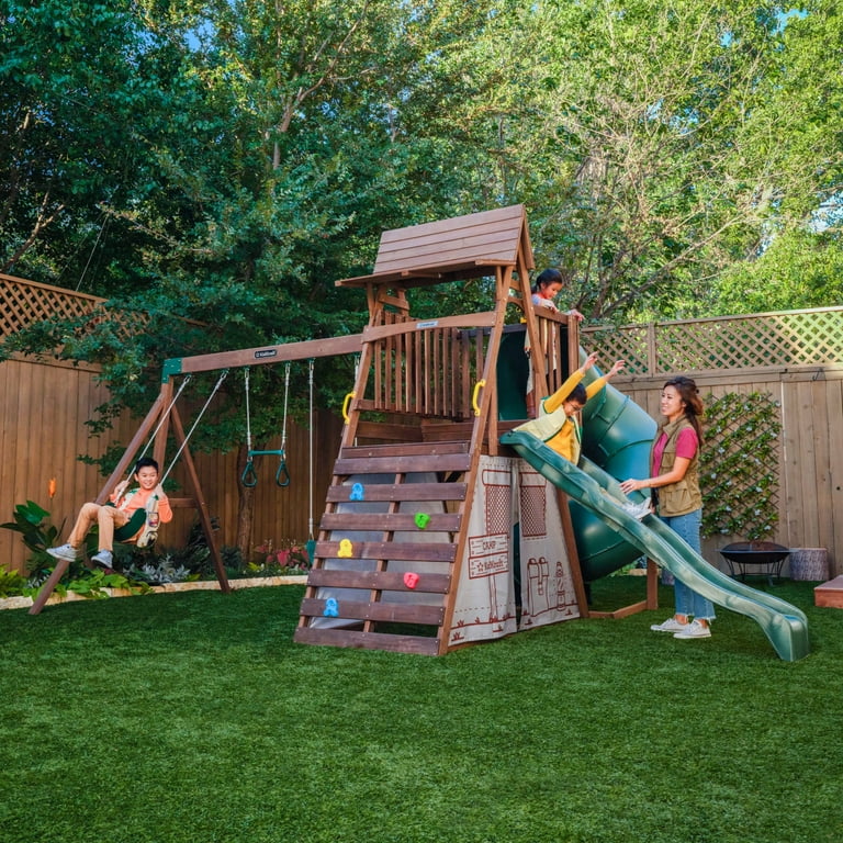 KidKraft Ranger Retreat Wooden Swing Set Playset with Tent Tube Slide and 3 Swings Walmart