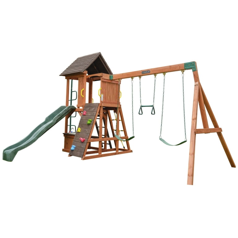 KidKraft Raptor Trail Wooden Outdoor Swing Set with Wavy Slide and