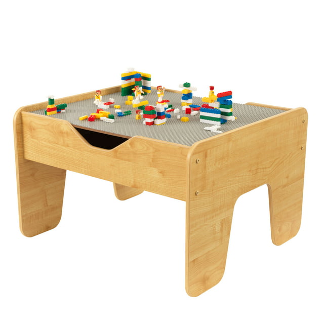 KidKraft Reversible Wooden Activity Table with 195 Building Bricks – Gray & Natural, For Ages 3+