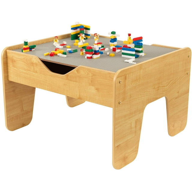 KidKraft Reversible Wooden Activity Table with Board with 195 Building Bricks   Gray & Natural, Gift for Ages 3+