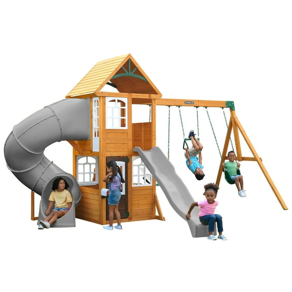 KidKraft Sterling Falls Wooden Swing Set / Playset with Clubhouse, Mailbox, Slide and Play Kitchen