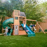 KidKraft Summit View Wooden Swing Set / Playset with Slides, Rock Wall and Crows Nest