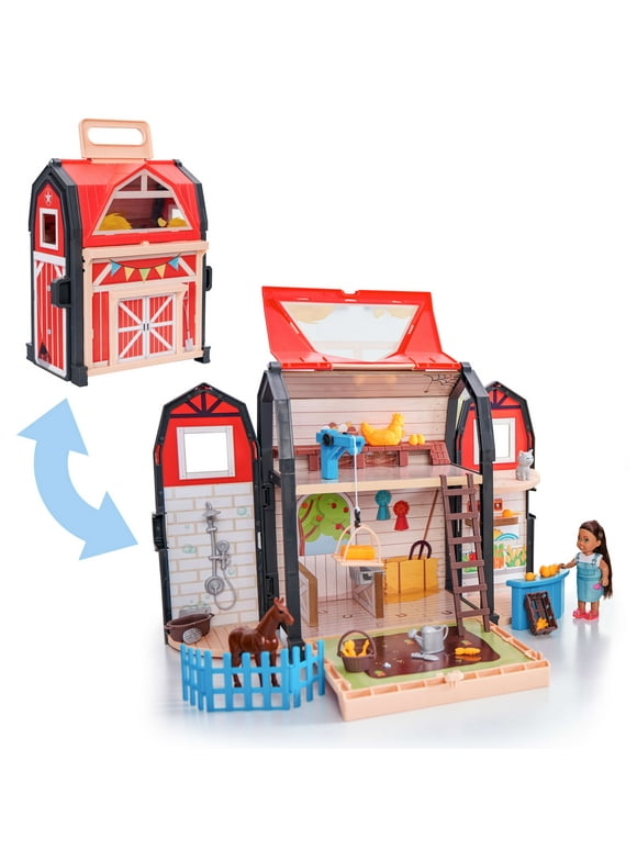 KidKraft Tote-ables™ Portable Barn Dollhouse with Doll Included, Storage, 30 Accessories