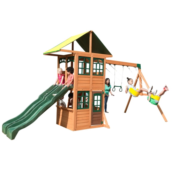 KidKraft Treasure Cove Wooden Swing Set with Slides, Belt Swings, and Trapeze