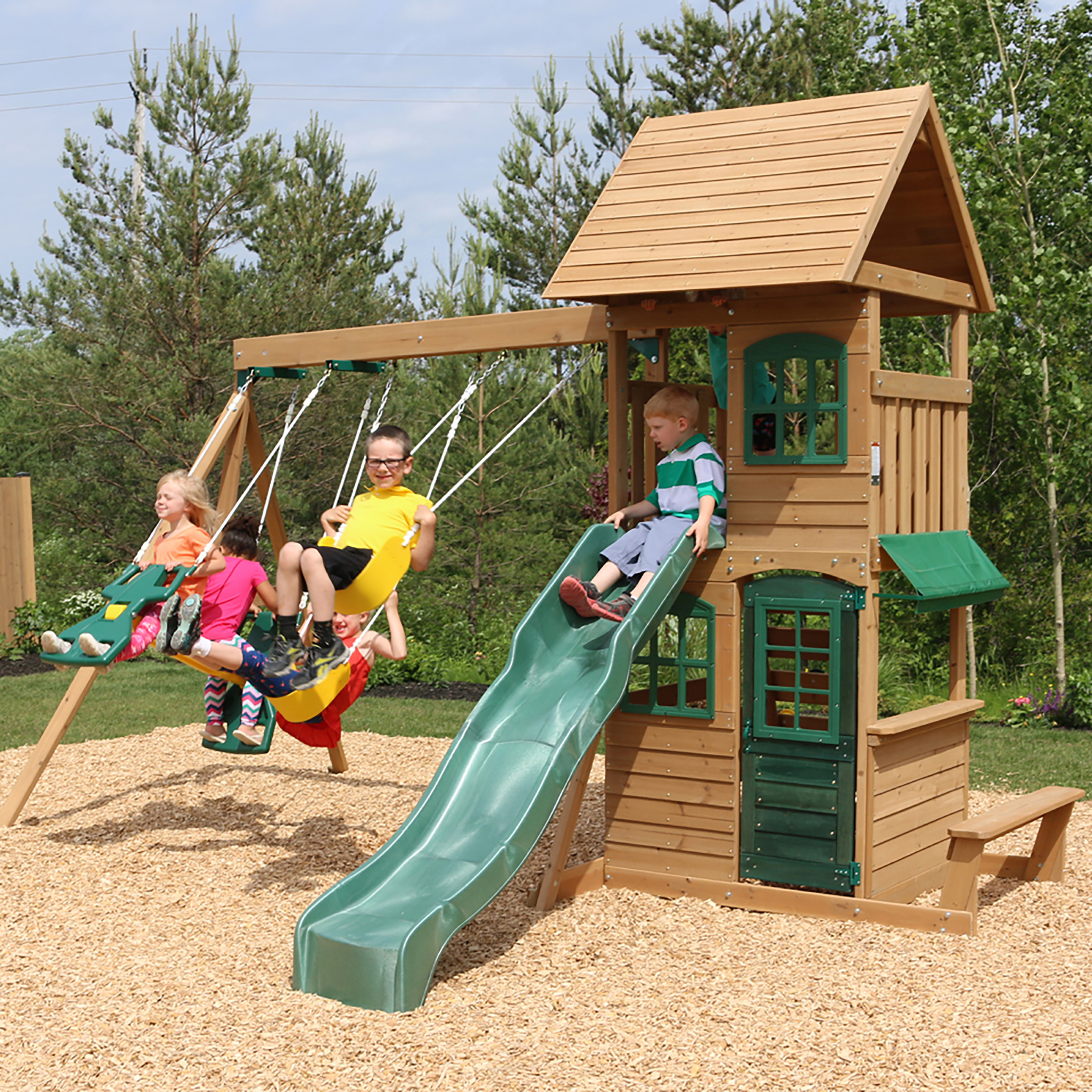 KidKraft Windale Wooden Swing Set / Playset with Clubhouse, Swings, Slide, Shaded Table and Bench - image 1 of 12