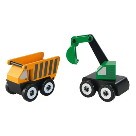 KidKraft Wooden 2-Piece Construction Vehicle Play Set, Toy Dump Truck and Excavator Cars