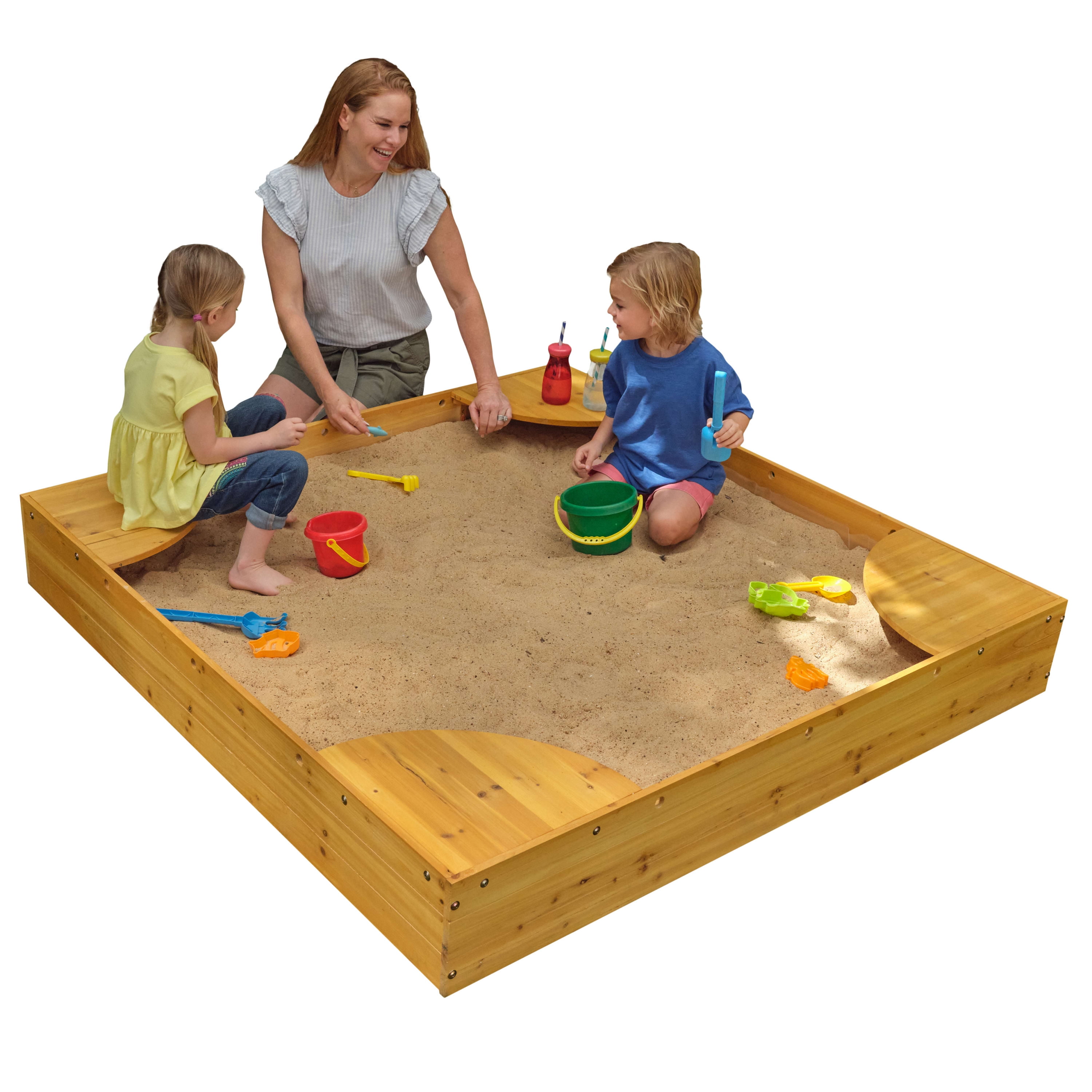 KidKraft Wooden Backyard Sandbox with Builtin Corner Seating and Mesh