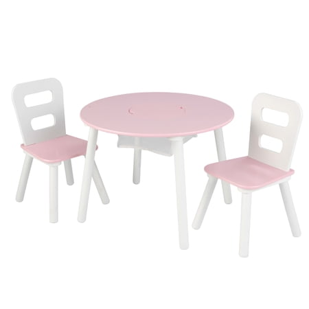 KidKraft Wooden Kids Round Storage Table & 2 Chair Set, Pink & White, For Ages 3+