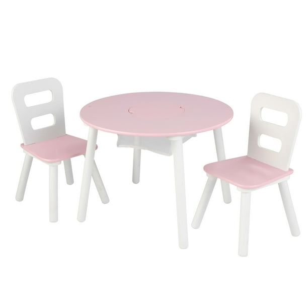 KidKraft Wooden Kids Round Storage Table & 2 Chair Set, Pink & White ...