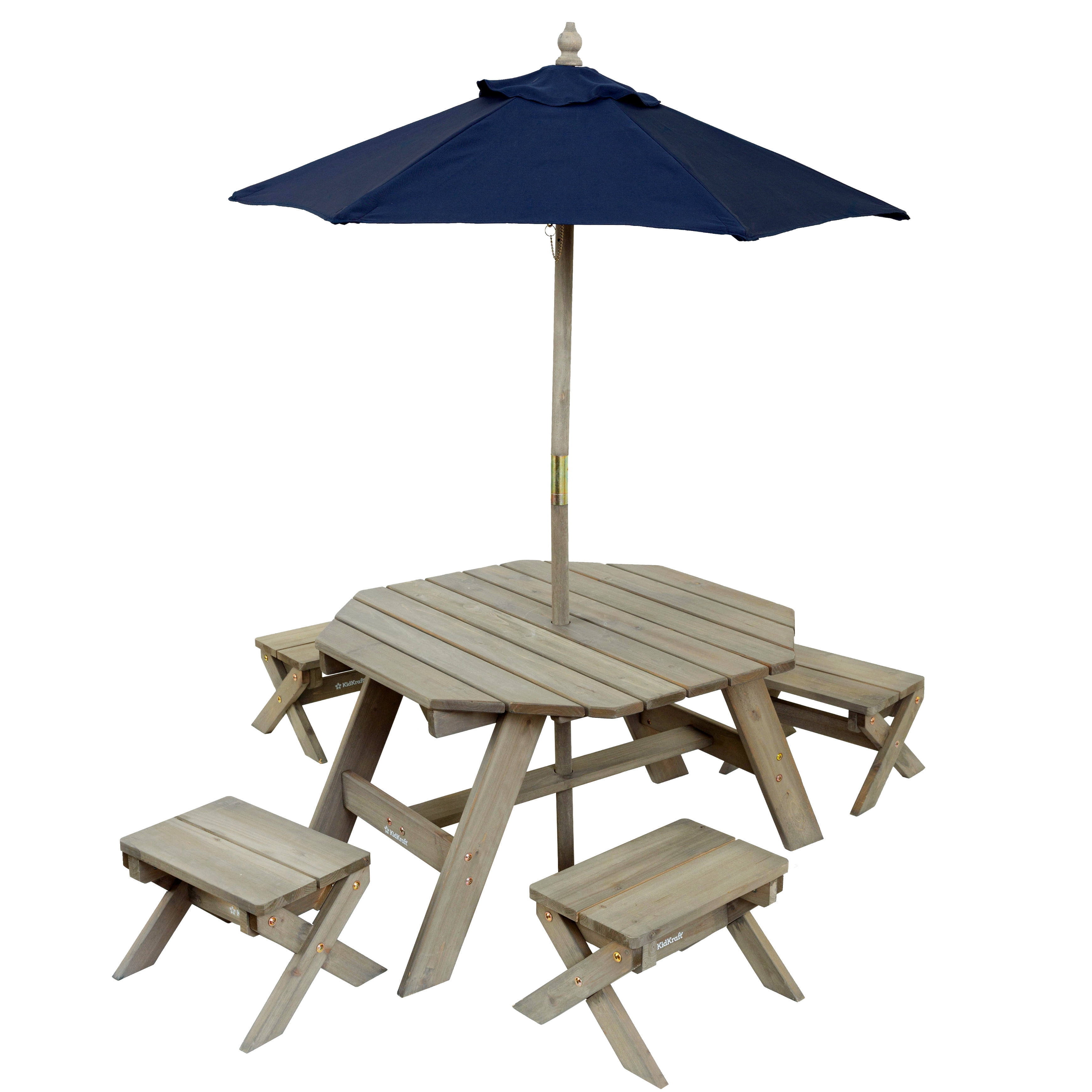 Octagonal Barnwood Gray and Navy 4-Person Picnic Table Set