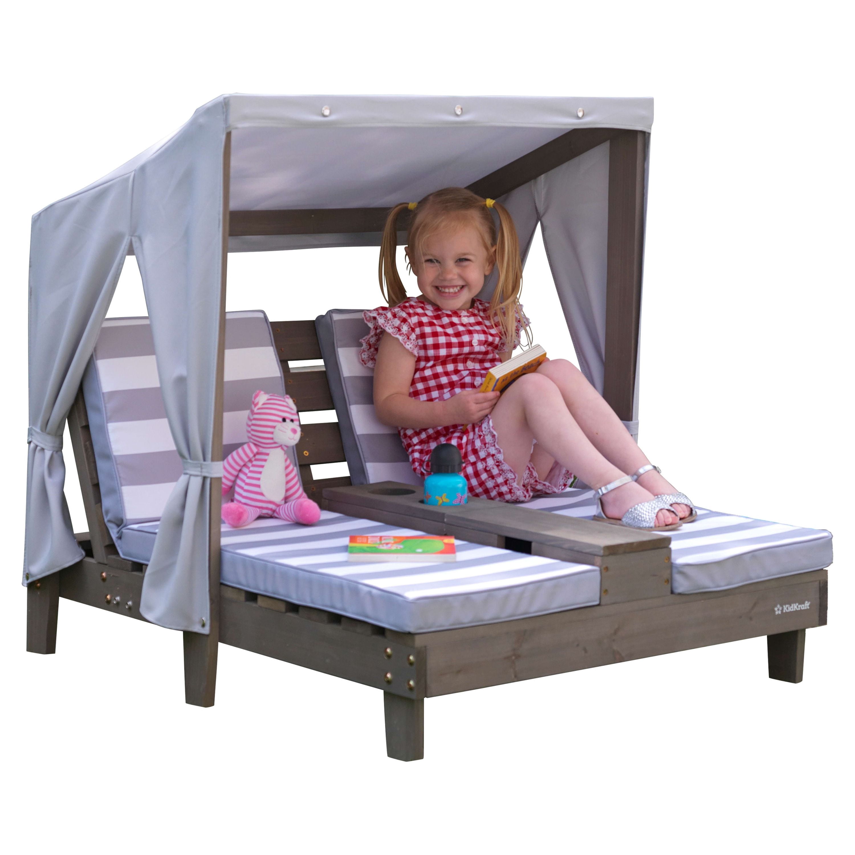 KidKraft Wooden Outdoor Double Chaise Lounge with Cup Holders, Kid's ...