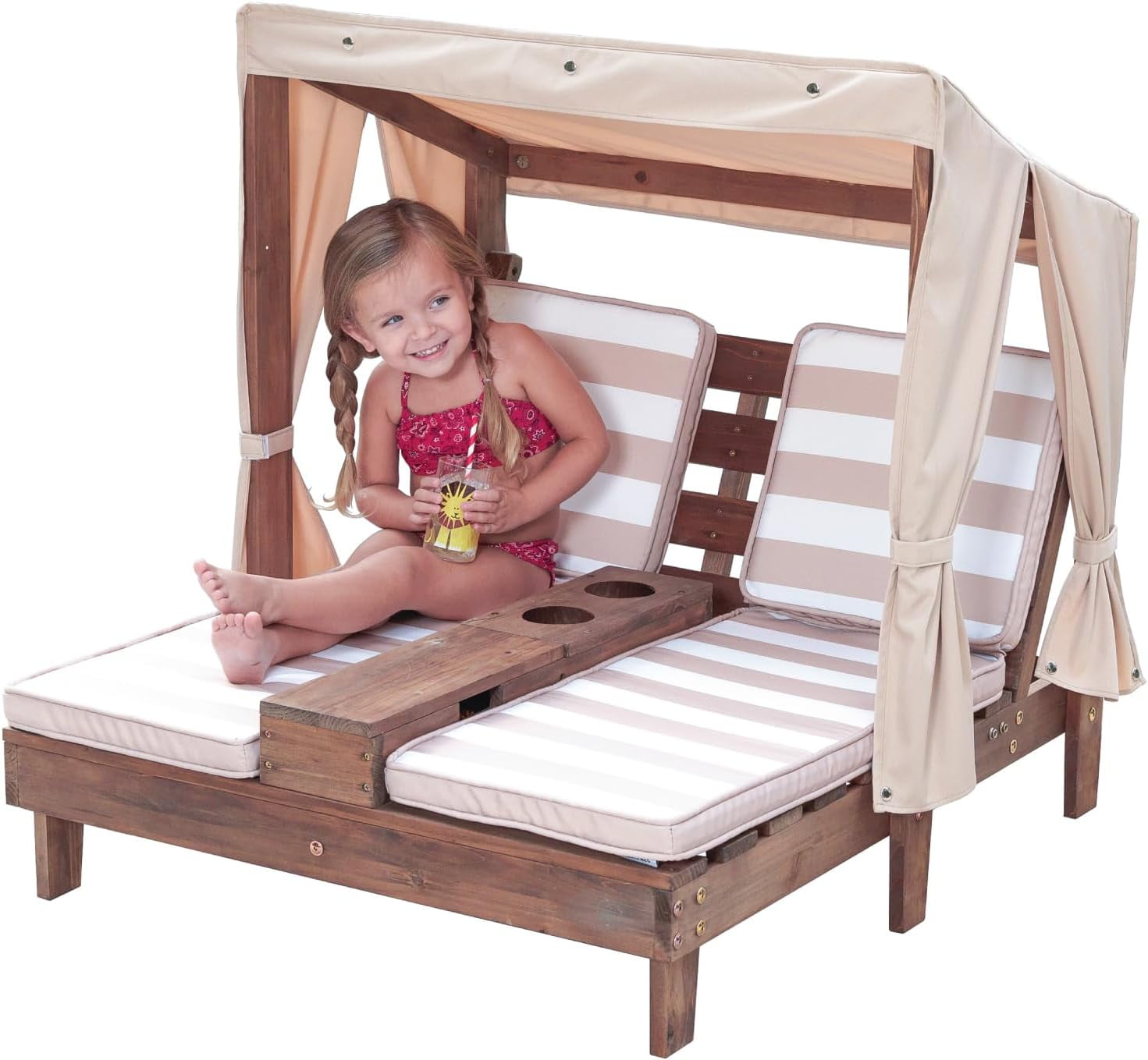KidKraft Wooden Outdoor Double Chaise Lounge with Cup Holders, Patio ...