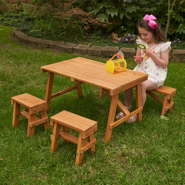 KidKraft Wooden Outdoor Picnic Table with Three Benches, Kids Patio Furniture, Amber