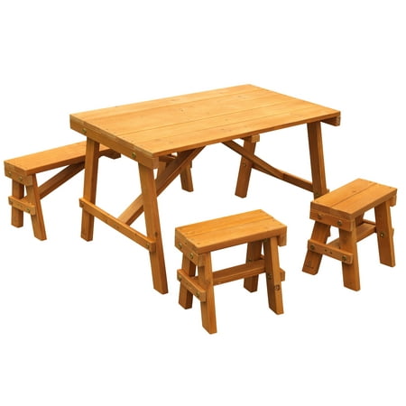 KidKraft Wooden Outdoor Picnic Table with Three Benches, Patio Furniture, Amber, For Ages 3+