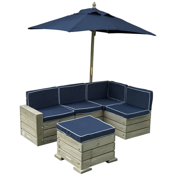 KidKraft Ensemble modulaire extérieur avec pouf, parasol et coussins – gris bois de grange et marine