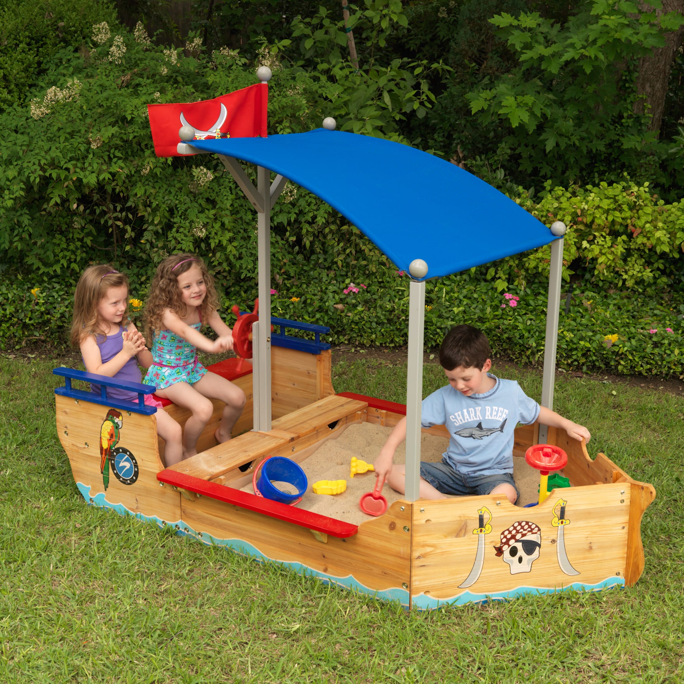 KidKraft Wooden Pirate Sandbox with Canopy, Covered Kid's Sandbox, Blue & Red - image 1 of 5