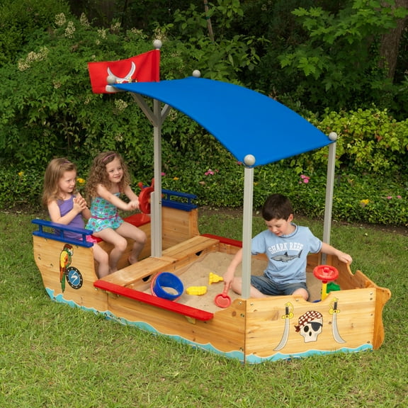 KidKraft Wooden Pirate Sandbox with Canopy, Covered Kid's Sandbox, Blue & Red