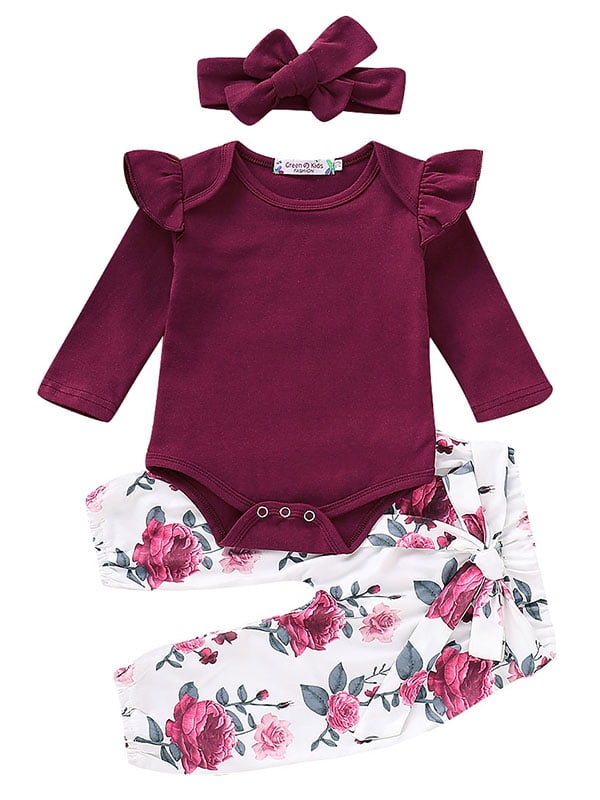 KidPika 3PCS Newborn Kid Baby Girl Clothes Shirt Romper Pants Headband