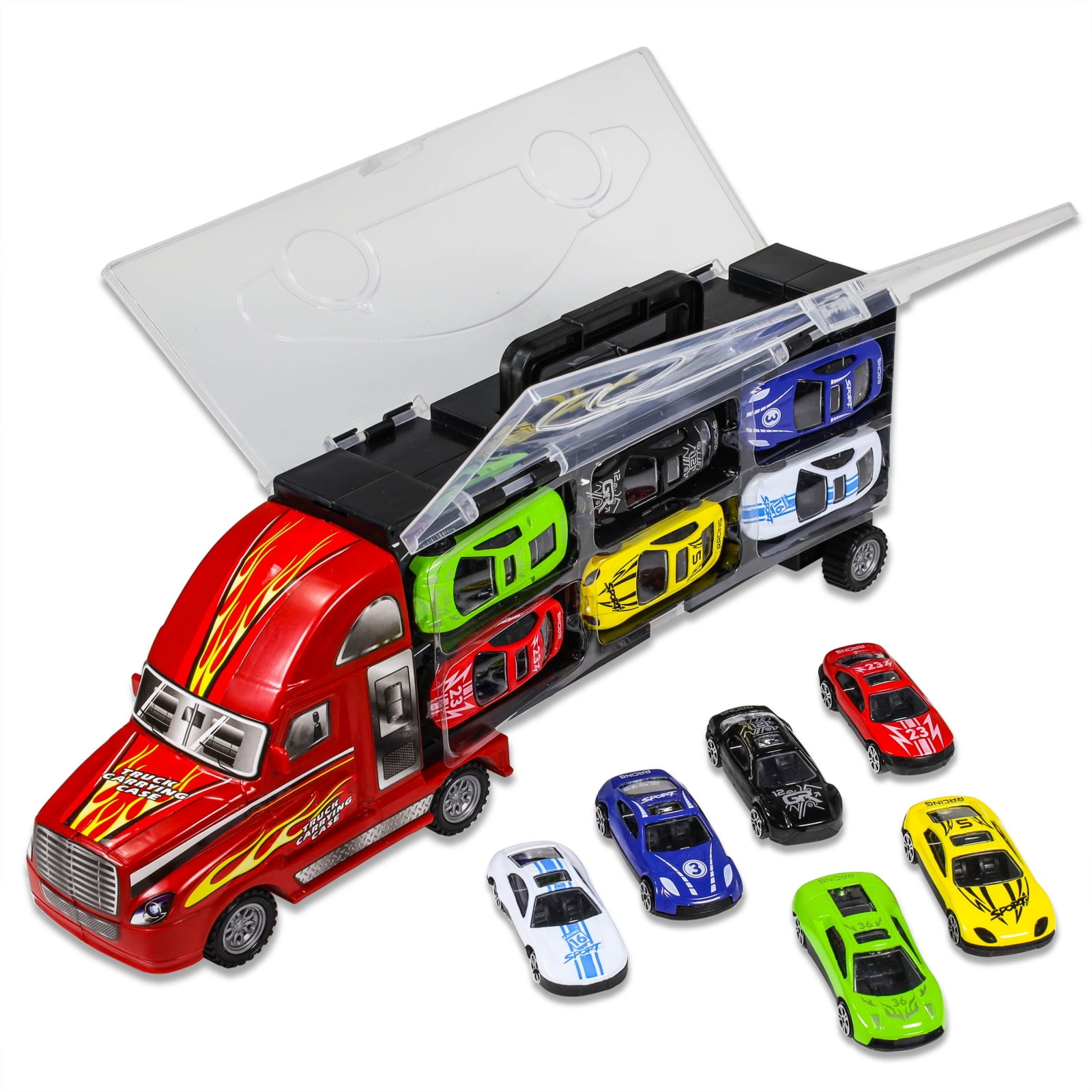 KidPlay Semi Truck Trailer Race Car Transporter Diecast Hauler