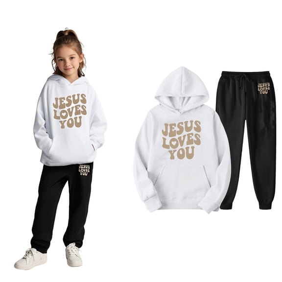 KidS Girls Jesus Loves You Hoodies Long Sleeve Warm Graphic Hoodies Loose Pullover and Sweatpants 2 Pcs Winter Clothes Little Boy Clothes 4-5 Years Cute Boys Girls Clothing
