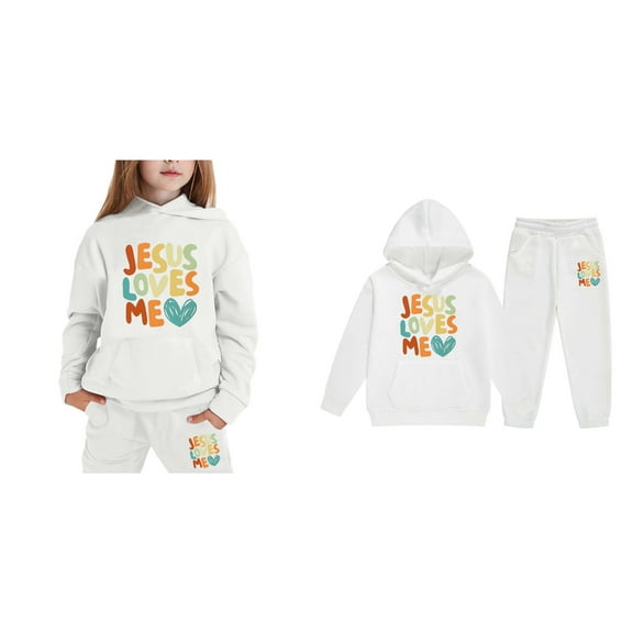 KidS Jesus Loves You Hoodie Long Sleeve Fashion Graphic Hoodies Loose Pullover Jogging Pants 2 Pcs Fall Winter Clothes Teen Girl Trendy Clothes 4-5 Years Cute Boys Girls Clothing