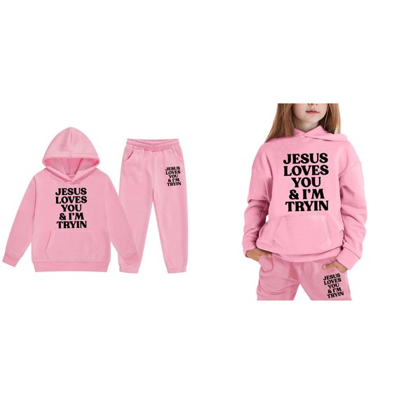 KidS Jesus Loves You Hoodies Long Sleeve Fashion Graphic Hoodies Girls Oversize Pullover Jogging Pants 2 Piece Fall Clothes Boy Clothes 4-5 Years Cute Boys Girls Clothing