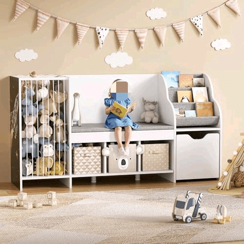 KidS rEADING nOOK WITH bENCH,tOY sTORAGE oRGANIZER WITH sTUFFED aNIMALS hOLDER,kIDS bOOKSHELF WITH sEAT cUSHION,3 sTORAGE cUBBIES AND tOY bOX ON wHEELS FOR pLAYROOM,bEDROOM,nURSERY,wHITE
