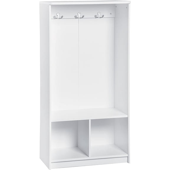 KidSpace Wood Storage Locker, 2 Cubby Cube Compartments, Open Storage, 3 Hooks, for Coats, Backpacks, Jackets, White Finish