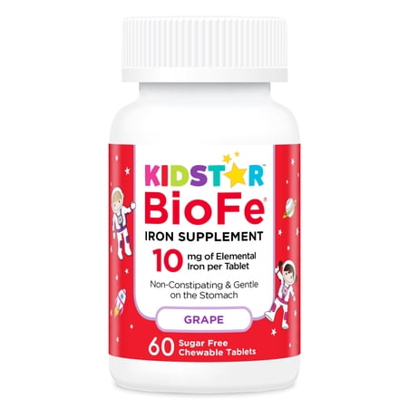 KidStar Nutrients BioFe Pure Iron Chewable Tablets, 10 mg Elemental Iron, Natural Grape Flavor, 60 Tablets