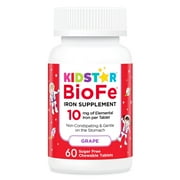 KidStar Nutrients BioFe Pure Iron Chewable Tablets, 10 mg Elemental Iron, Natural Grape Flavor, 60 Tablets